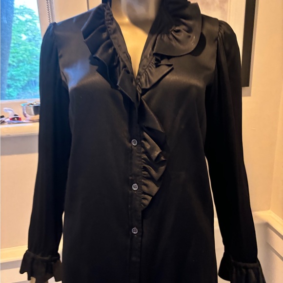 VTG YVES SAINT LAURENT Womens BLACK Long Sleeve Frill SILK CHARMEUSE Blouse Sz S - Picture 2 of 8